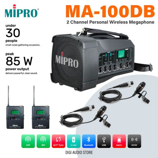 MIPRO MA-100DB + ACT-32T + MU-53L 2X Speaker Portable Wireless - 2 Channel Microphone Clipon Wireless