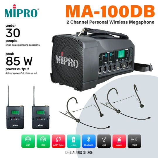MIPRO MA-100DB + ACT-32T + MU-55HN 2X Speaker Portable Wireless - 2 Channel Microphone Headset Wireless - Black