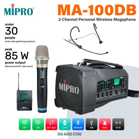 MIPRO MA-100DB + ACT-32H + ACT-32T + MU-55HN Speaker Portable Wireless - 2 Channel Microphone Vocal & Headset Wireless - Black