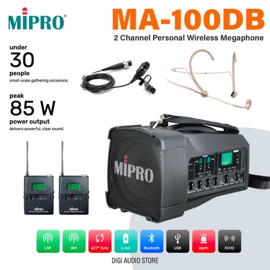 MIPRO MA-100DB + ACT-32T + MU-53L + MU-53HNS Speaker Portable Wireless - 2 Channel Microphone Headset & Clipon Wireless