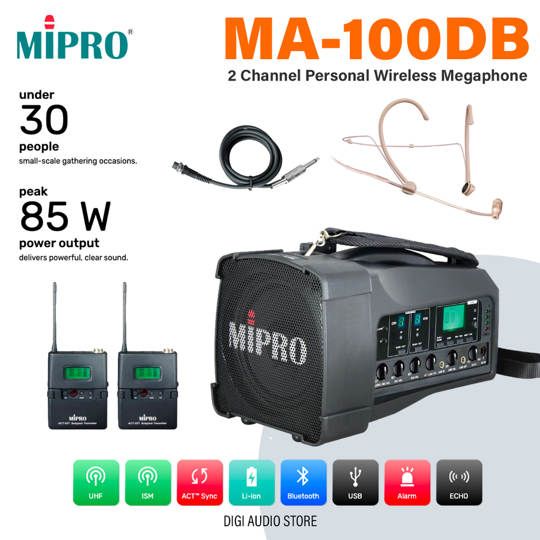 MIPRO MA-100DB + ACT-32T + MU-53HNS + MU-40G Speaker Portable Wireless - 2 Channel Microphone Headset & Wireless Guitar Instrument