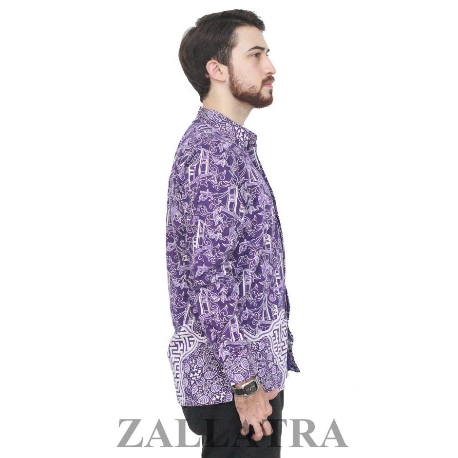 Model baju batik pria palembang ungu lengan panjang L7