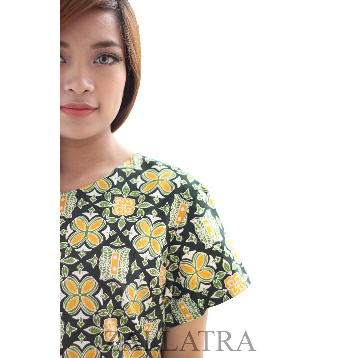  Model Baju Batik Dress Wanita Hijau Motif Pintoe Aceh Y1