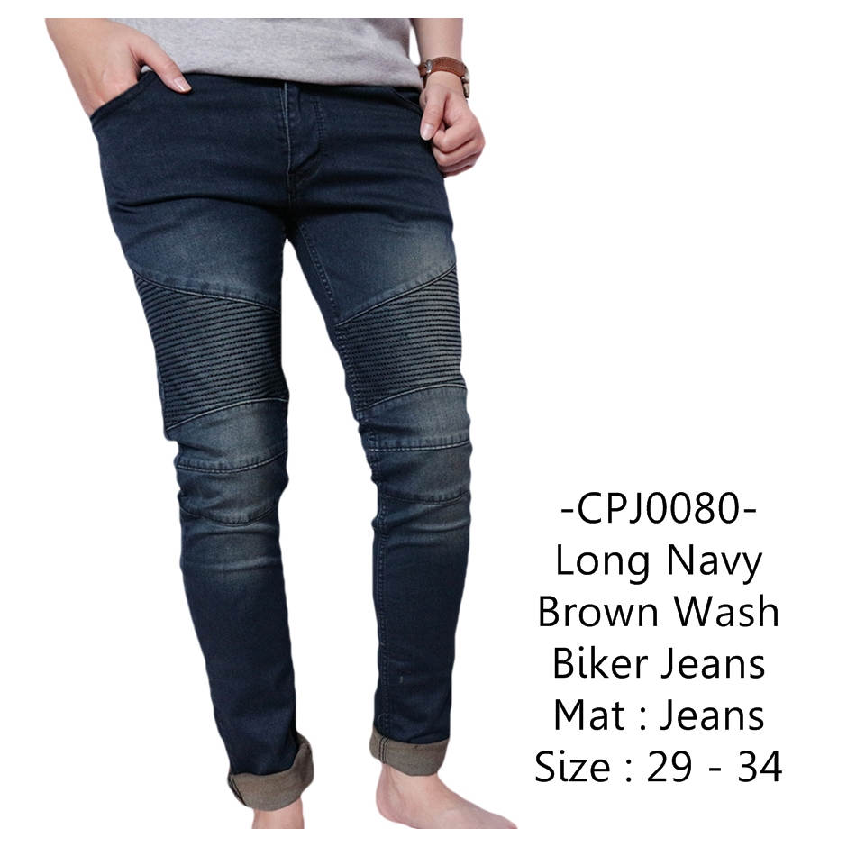  Celana  Panjang  Pria Navy Brown Wash Biker Jeans 80