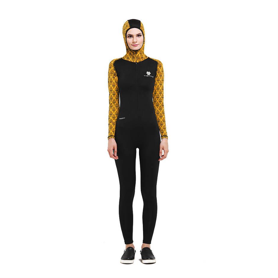 Tiento Black Yellow Wetsuit Hoodie Baju  Renang  Wanita 