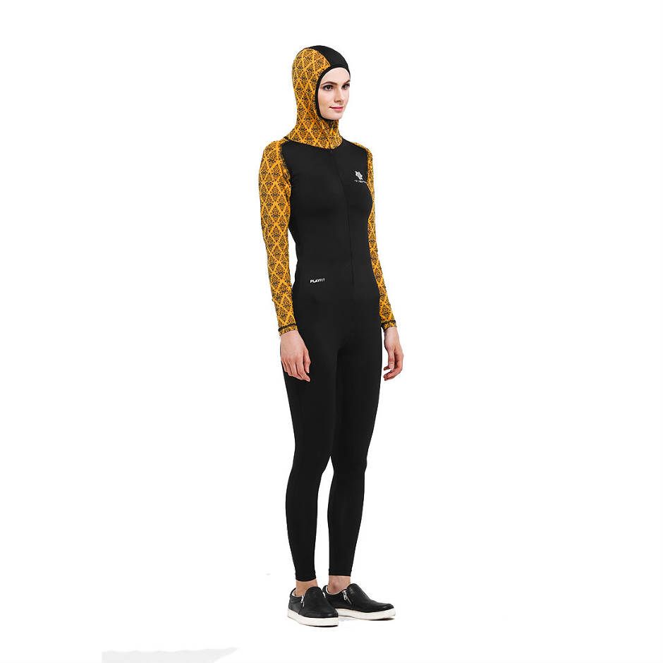 Tiento Black Yellow Wetsuit Hoodie Baju  Renang  Wanita 