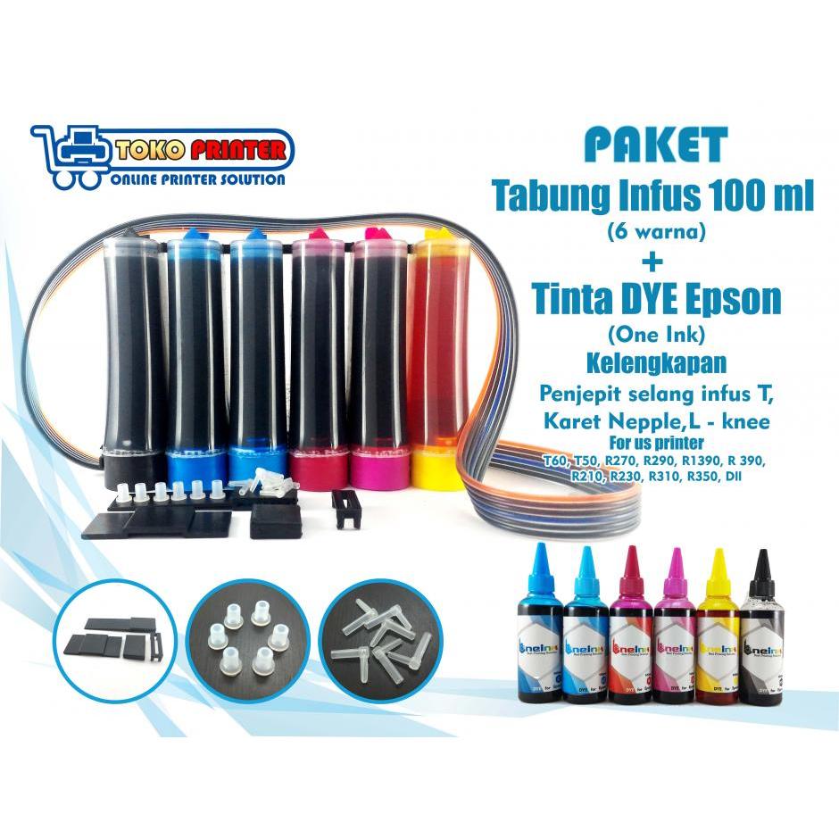 Paket Tabung Infus+ Tinta DYE One Ink Epson 100ml 6 Warna