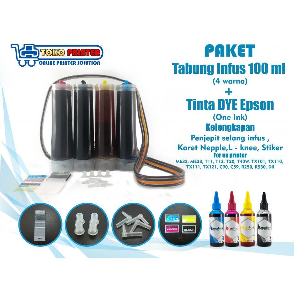 Paket Tabung Infus+Tinta DYE One Ink Epson 100ml 4 Warna
