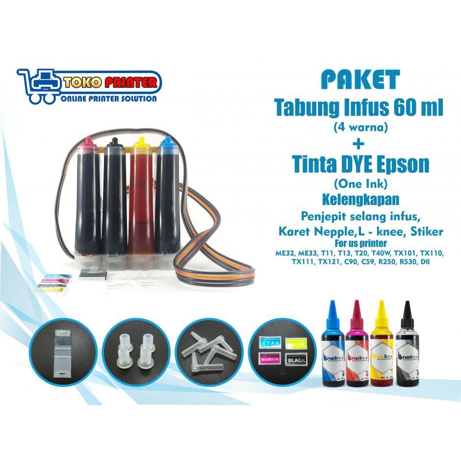 Paket Tabung infus+Tinta DYE One Ink Epson 60ml 4 Warna