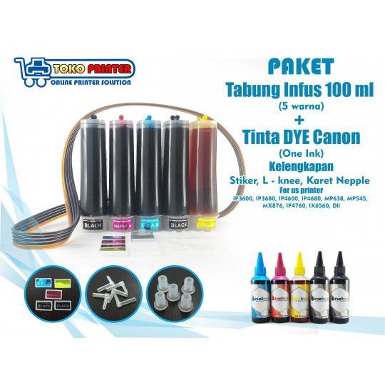 Paket Tabung Infus+Tinta DYE One Ink Canon 100ml 5 Warna