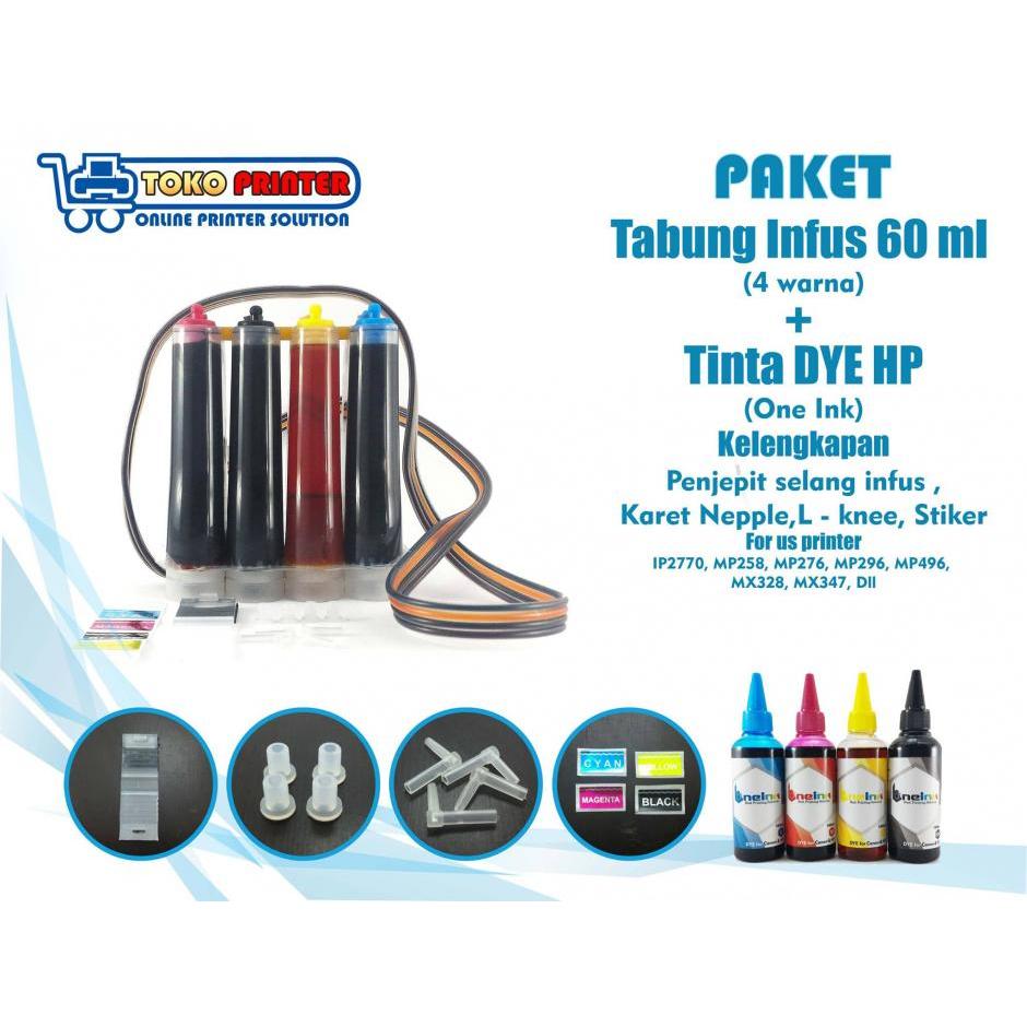 Paket Tabung Infus+Tinta DYE One Ink HP 60ml 4 Warna
