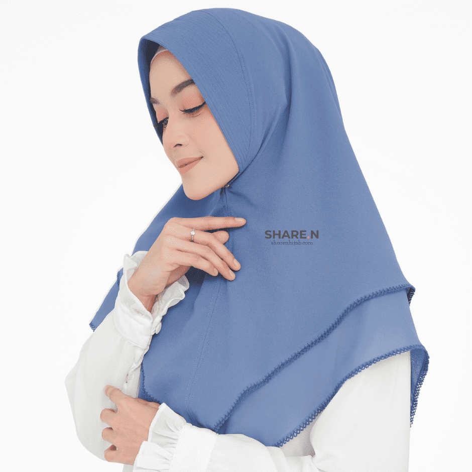 Khimar jilbab syari ceruty bordir 2 layer Denim Blue Midi Sharen Hijab
