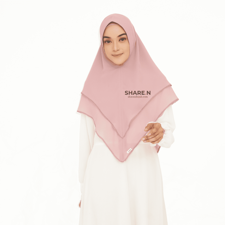 Khimar jilbab syari ceruty bordir 2 layer Blushed Pink Midi Sharen Hijab