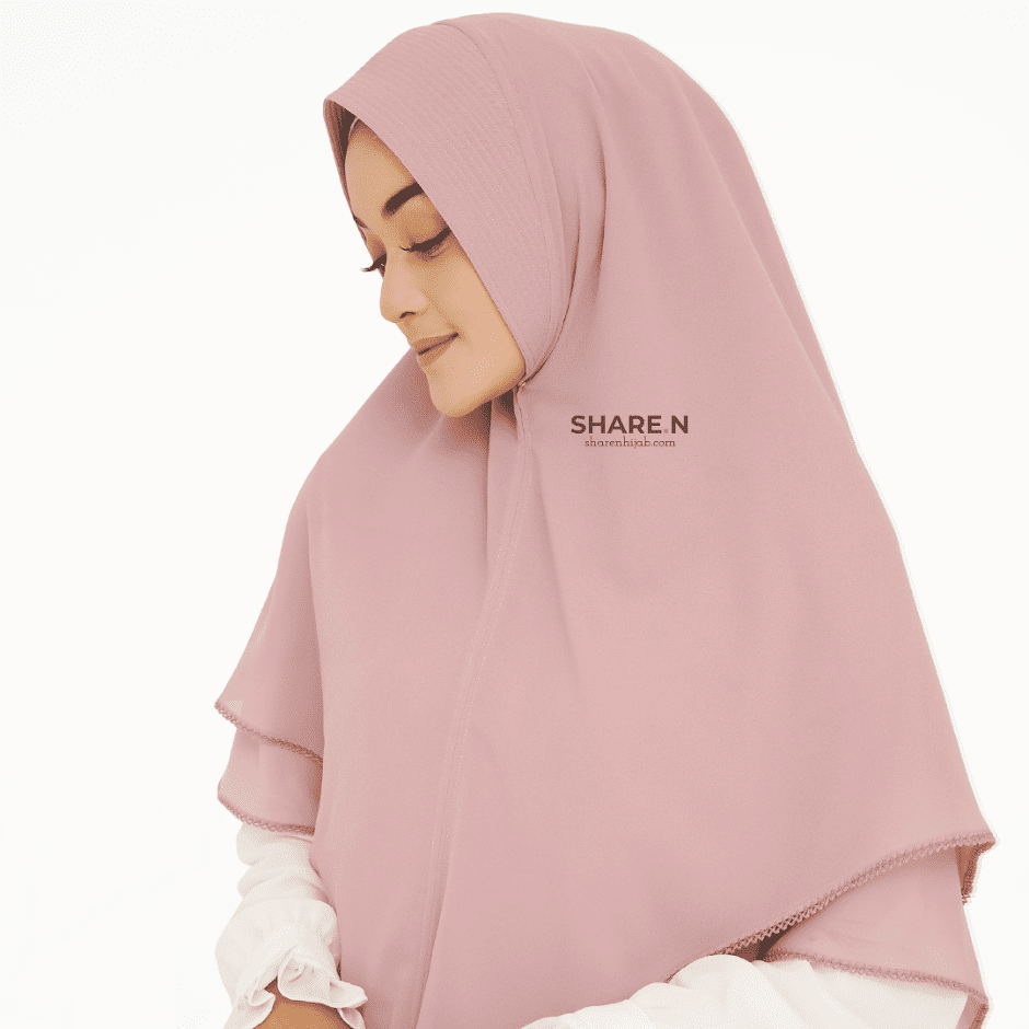 Khimar jilbab syari ceruty bordir 2 layer Blushed Pink Maxi Sharen Hijab