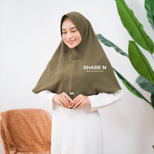 Bergo Deyli Airflow Crinkle Hijau Olive Sharen Hijab