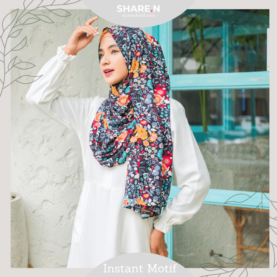 Jilbab Instan Pashmina Motif Bunga Sharen Hijab Colourful Flower in Black