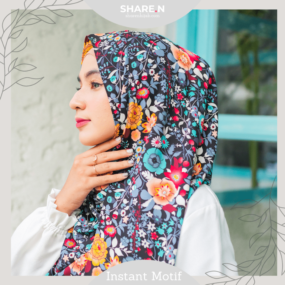Jilbab Instan Pashmina Motif Bunga Sharen Hijab Colourful Flower in Black