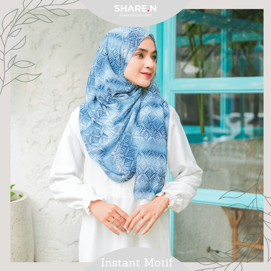 Jilbab Instan Pashmina Motif Etnik Sharen Hijab Ethnic Tosca Blue