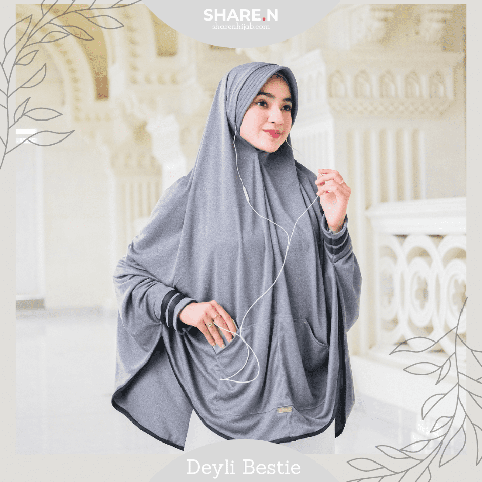 Deyli Bestie Sharen Hijab Grey Denim - Jilbab Lengan dengan  Lubang Telinga & Saku