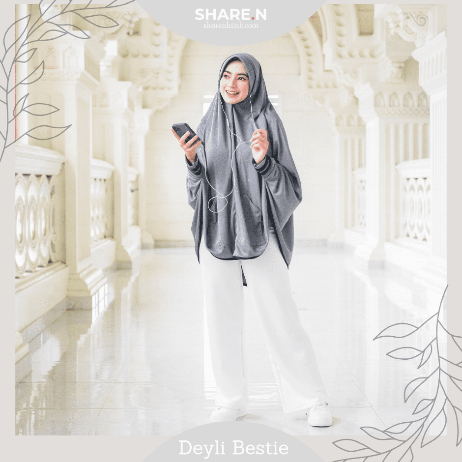 Deyli Bestie Sharen Hijab Grey Denim - Jilbab Lengan dengan  Lubang Telinga & Saku