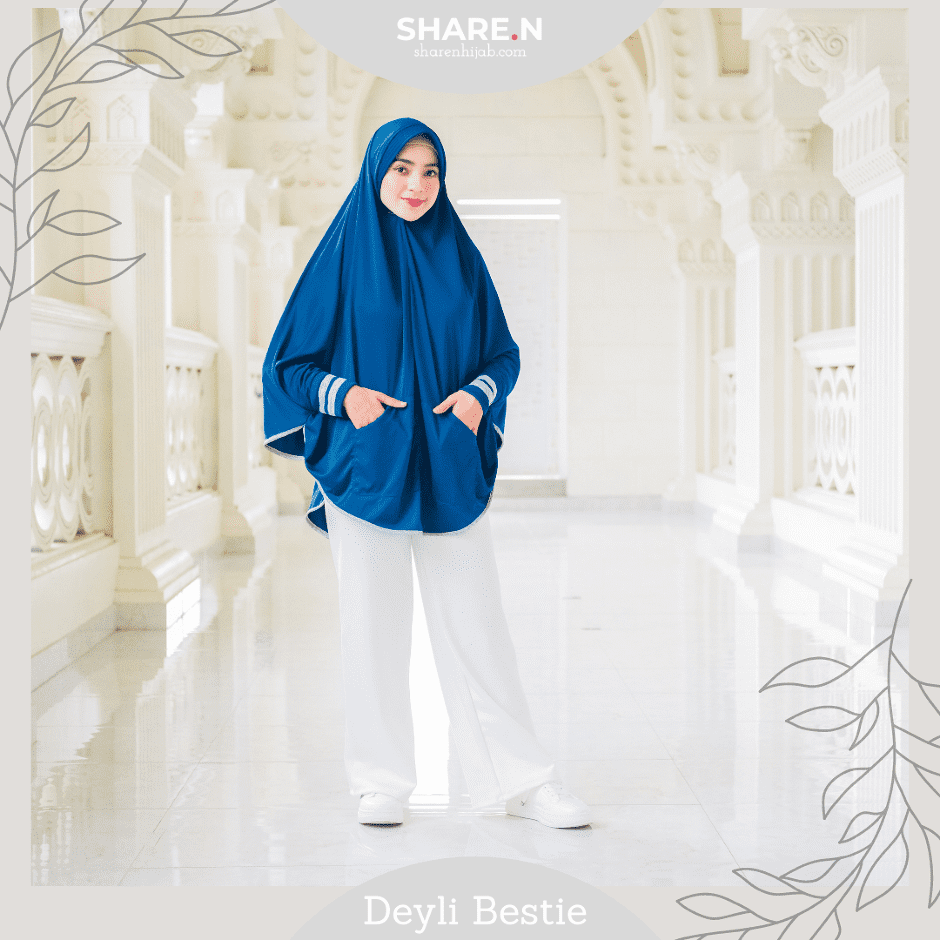 Deyli Bestie Sharen Hijab Bright Blue - Jilbab Lengan dengan  Lubang Telinga & Saku
