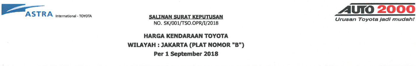 Harga Terbaru Toyota JAN 2018