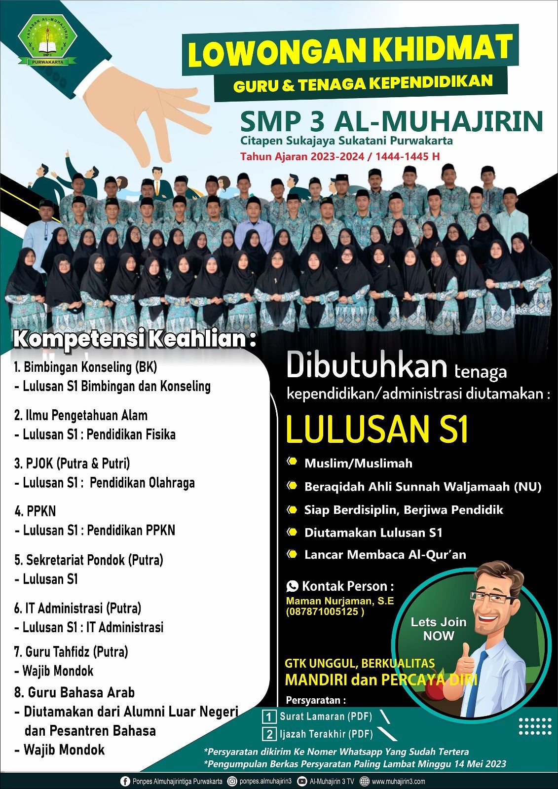 SMP 3 Al-Muhajirin Purwakarta Buka Lowongan Guru & Tenaga Kependidikan !!
