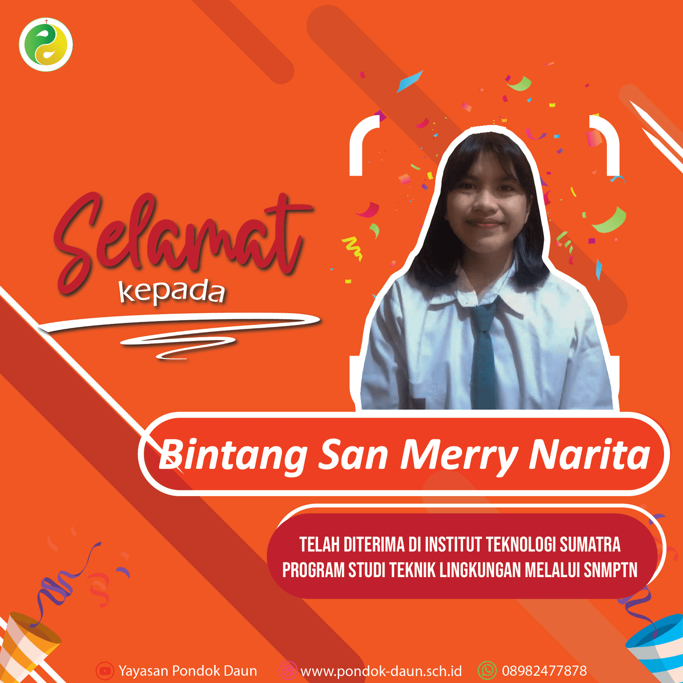 Bintang San Merry salah satu siswi SMA Pondok Daun diterima di Institut Teknologi Sumatra