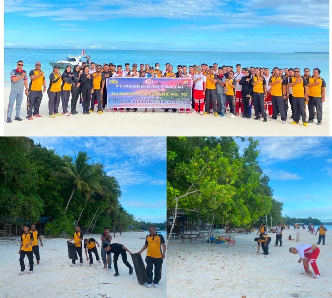 Bersih-Bersih Pantai Polres Malra Dalam Rangka Jelang Hari Bhayangkara Ke-78.