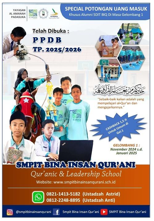 Penerimaan Peserta Didik Baru (PPDB) SMPIT BIQ TP 2025/2026 Resmi Dibuka, Potongan Spesial untuk Alumni dan Umum