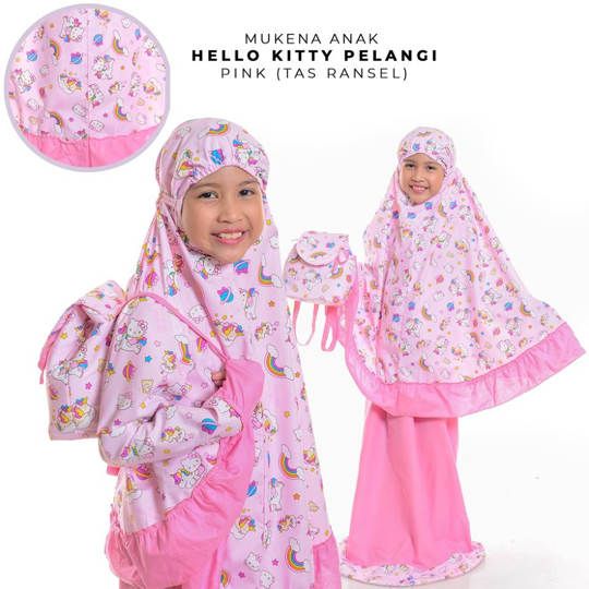 Mukena Anak Hello Kitty Pelangi Pink (Tas Ransel) L