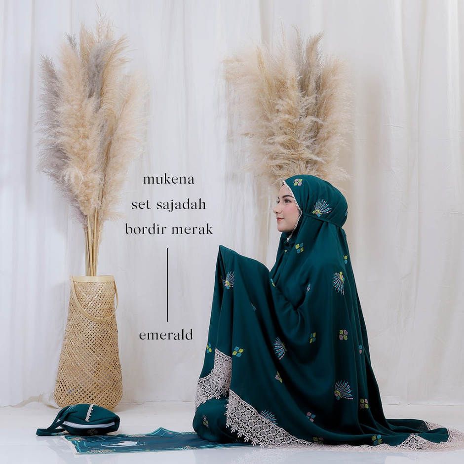 Mukena Dewasa Rayon Bordir Set Sajadah Merak Emerald